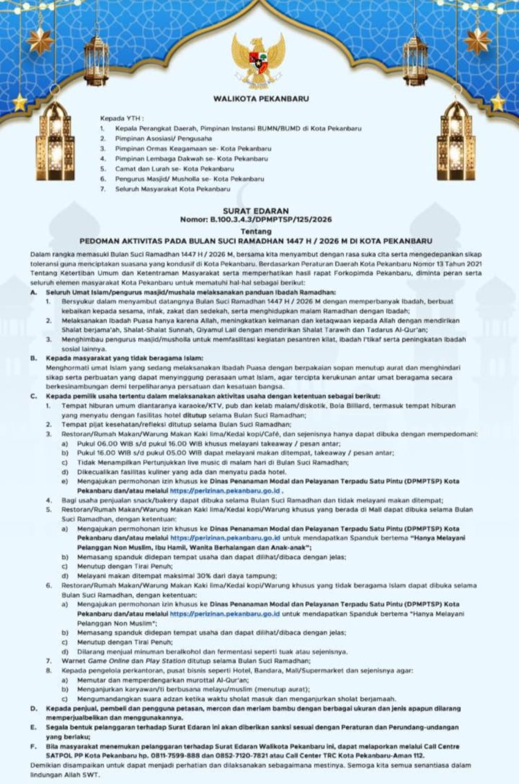 Wali Kota Agung Nugroho Keluarkan Pedoman Ramadan 1447 H di Pekanbaru